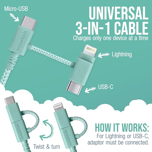 Smartish USB-C/Lightning Cable 17/16/16e/15/14 - Crown Joule - 6Foot Universal Fast Fabric Wrapped Charging Cable w/Micro-USB - MFi Certified 13/12/SE/iPad/AirPods/Android - Green - color: Teal Me More, size: USB to USB-C/Lightning/Micro
