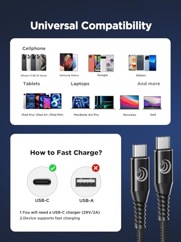 10FT USBC to USBC Cable 100W Fast Charging, Nylon Braided USB C to USB C Charger Cord Compatible with iPhone 17 Pro Max 16 15, MacBook Pro/Air, iPad, Samsung Galaxy S26 Ultra S25 S24, PS5, Switch - color: Black