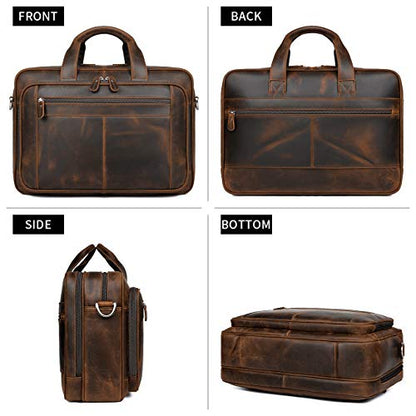 Leather Briefcase for Men 16" Laptop Shoulder Bag with Luggage Strap | 100% full-grain leather, YKK zip, fits 15.6-17" laptop, shoulder strap, 17x6.5x12", 4.2lb