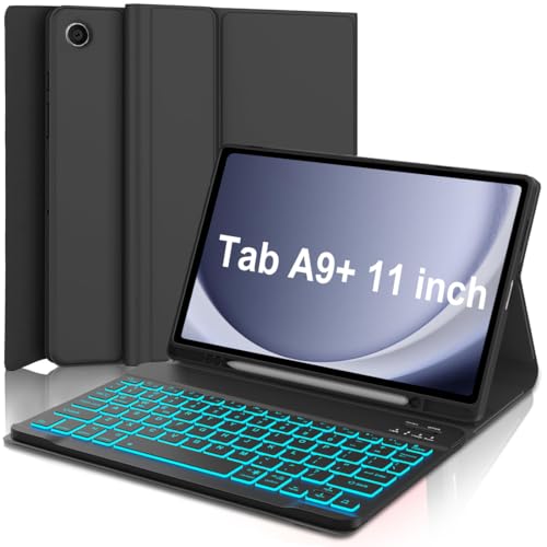 Keyboard Case for Samsung Galaxy Tab A9 Plus 5G 11 Inch 2023, 7 Color Backlit Detachable Wireless Bluetooth Keyboard Cover with S Pen Holder, Auto Sleep/Wake (Black) - color: Light Black