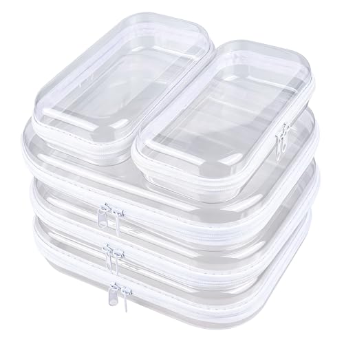 5-Pack Clear Hard Shell Zipper Case With Lids – 3 Large and 2 Small Clear Pencil Case, Stackable,Zipper Pouches Hard Shell for Cosmetics, Charging Cables, Sketch Supplies