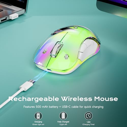 memzuoix 2.4G LED Wireless Mouse, Rechargeable Ergonomic Mouse with Detachable Cover, 1400 DPI Portable Optical Computer Mouse with USB Receiver for Laptop, PC, Desktop and MacBook, 5 Buttons-Green - color: Green