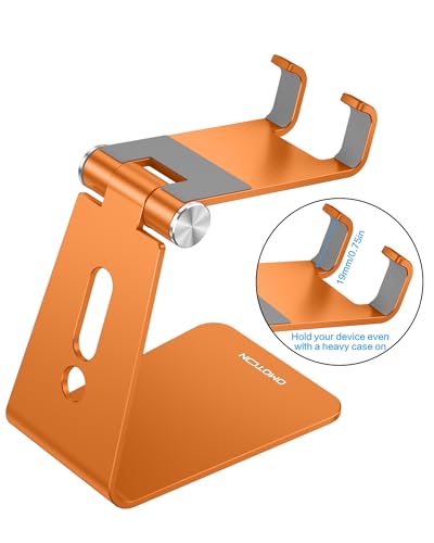 OMOTON Adjustable Cell Phone Stand, Aluminum Desktop Cellphone Stand with Anti-Slip Base and Convenient Charging Port, Fits All Smart Phones, Orange | Sturdy 3mm Aluminum, Charging Port, 270° Adjustable, Non-Slip Silicone Pads, Works with Thick Cases, for