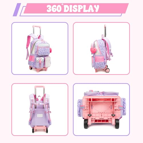Meetbelify Backpack with Wheels for Girls Rolling Backpack Cute Carry on Backpack for Elementary Student - color: Love Purple