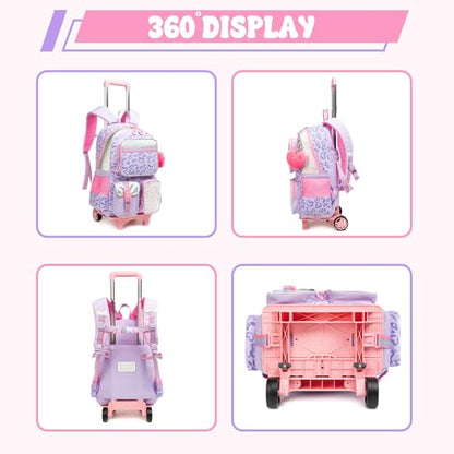 Meetbelify Backpack with Wheels for Girls Rolling Backpack Cute Carry on Backpack for Elementary Student - color: Love Purple