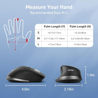 Acer Ergonomic Mouse Wireless Rechargeable with Side Scroll for Laptop/Mac | Bluetooth Computer Mouse (BT5.2+2.4GHz) with 8 Buttons, Medium to Large Sized Hands, Office USB Mice, 4800 DPI