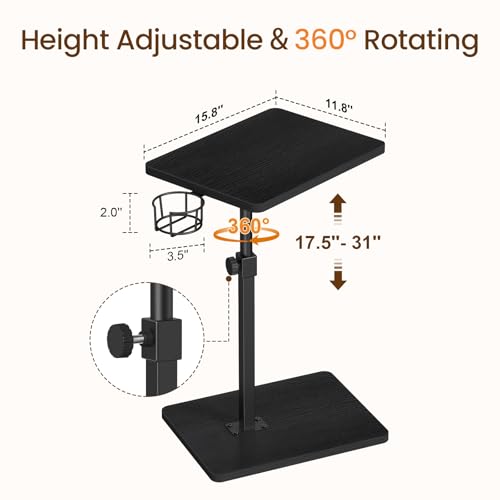 Giikin Side Table, 360 Swivel & Height Adjustable TV Trays for Eating on Couch, Sofa Armrest TV Tray Table with Cup Holder for Small Spaces, C-Shaped, Black, 11.8" D x 15.8" W x 31" H - color: Black