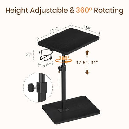 Giikin Side Table, 360 Swivel & Height Adjustable TV Trays for Eating on Couch, Sofa Armrest TV Tray Table with Cup Holder for Small Spaces, C-Shaped, Black, 11.8" D x 15.8" W x 31" H - color: Black