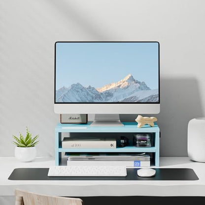 Marbrasse Monitor Stand Riser, 16.5 Inch 2 Tier Computer Printer Shelf Stand for Laptop Computer Screen Storage, Desktop Stand with Phone Holder and Cable Management (Blue) - color: Blue