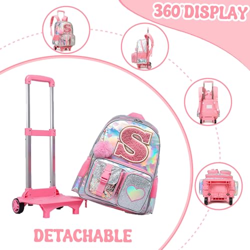 HTgroce Cute Rolling Backpack with Wheel,School Backpack for Kids Girl Roller Schoolbag Wheeled Backpacks Set Carry-on Luggage,Pink S - color: Pink, style: S