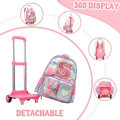 HTgroce Cute Rolling Backpack with Wheel,School Backpack for Kids Girl Roller Schoolbag Wheeled Backpacks Set Carry-on Luggage,Pink S - color: Pink, style: S