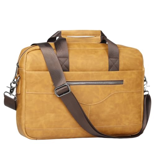 14" Roomy/15.6" Compact Laptop Messenger Bag for Men, Vintage Faux Leather Briefcase - Crossbody Business Travel Satchel - color: B Tan
