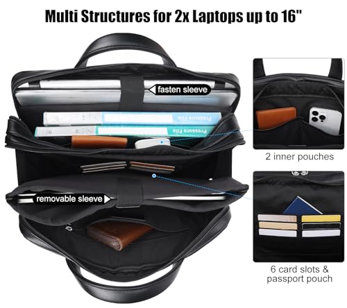 Masa Kawa Leather 15.6" & 17" Laptop Briefcase Men Business Messenger Bag | Full Grain Cowhide Business Travel Office Work Crossbody Shoulder Professional Attache Case for 2 Computers - color: Black-fits 15.6" Laptop