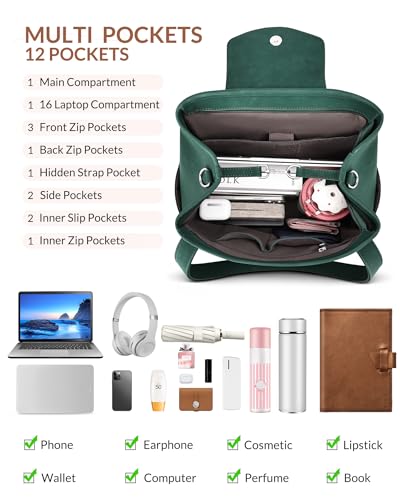 SYTRAH Laptop Bag for Women 15.6 inch Leather Backpack Purse - color: Green