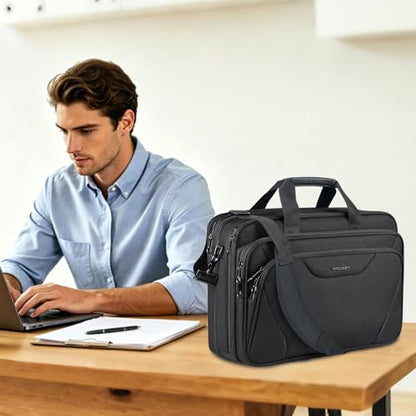 KROSER 17.3 Inch Laptop Computer Briefcase, Water-Repellent Messenger Bag | Expandable design, padded laptop compartment,shoulder and luggage strap for business, travel, men and women-Black - color: Black