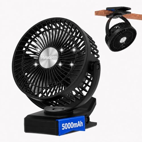 Meudeen 5000mAh Rechargeable Clip on Fan - 6 Inch Portable Fan - with Timer & LED Lantern - Battery Powered Golf Cart Fan - 5 Speeds Quiet Small Desk Fan for Camping - Stroller - Bedroom - color: Dark Black