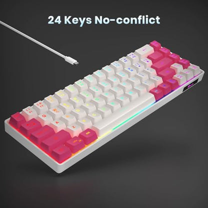 GEODMAER 65% Gaming Keyboard, LED Backlit Mini Wired Keyboard, Ultra-Compact Anti-Ghosting No-Conflict 68 Keys Membrane Gaming Wired Keyboard for PC Laptop Windows Gamer(White-Pink) - color: White-Pink