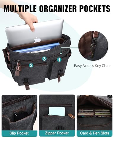 Messenger Bag for Men,Water Resistant Canvas Satchel 14 15.6 17 Inch Laptop Briefcases Business Shoulder Bag by RAVUO - color: 14in-black(without Top Handle)
