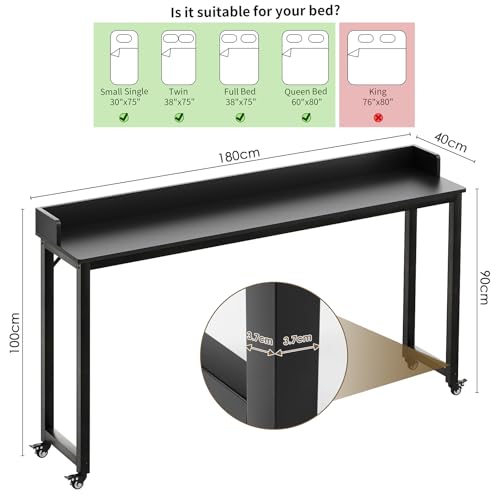 Clevich Overbed Table with Wheels, 16" D x 71" W x 41" H Mobile Bed Desk | Queen Full Size Mobile Computer Desk with eavy Duty Metal Leg, Standing Laptop Cart, for Bedroom, Living Room - color: Black