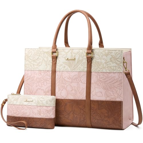 LOVEVOOK Laptop Bag for Women, 15.6 Inch Laptop Tote Bag, Vintage Leather Work Bags for Women, Waterproof Computer bag with Clutch Purse, Large Capacity Briefcase, Business Office Bag - color: Pink-white-brown Embossed, size: 15.6 inch