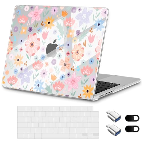 for New MacBook Pro 14 inch Case 2026 2025 M5 2024 M4 2023 Release– Aesthetic Cute Design Ultra Thin Clear Laptop Shell 6-in-1 Bundle with TPU Keyboard Cover & OTG Adapters, Colorful Flowers - color: Colorful flowers