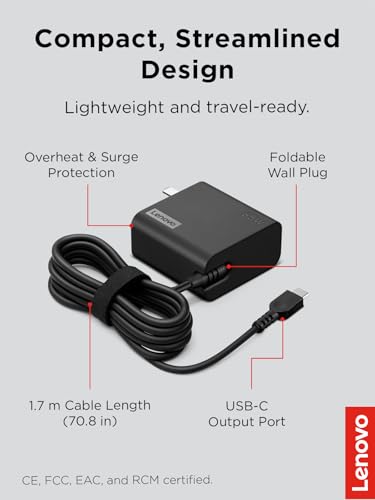 Lenovo USB-C 65W Wall Charger - PD 3.0 - Power Adapter for Laptop, Tablet, Notebook, USB-C Compatible Devices - Slim, Light and Portable with 5.9 Foot (1.7m) Cable - Black