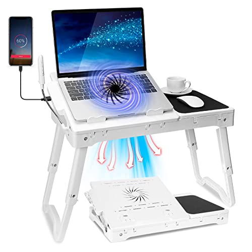 Laptop Desk for Bed,Adjustable Laptop Stand Foldable Bed Table Portable Lap Desk Folding Notebook Stand Reading and Writing Tray with 4 USB Port and Cooling Fan for Bed Couch Sofa Floor (White) - color: White