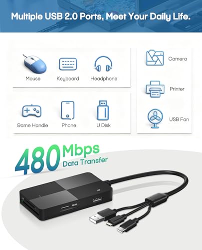 Memory Stick Pro Duo Adapter - 8 in 1 SD/TF/MS/CF/xD-Picture-Card Multi Computer Memory Card Readers with 3 USB 2.0 Ports for iPhone/Laptop/USB-C Device/Memory Stick Pro Duo Mark2/SD/XD Card Reader