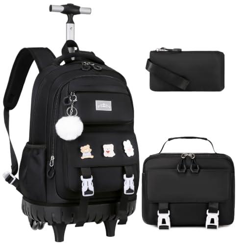 DIGOBAY Rolling Backpack for Girls, Roller Bag with Lunch Box Pencil case | Kawaii Girls Roller Backpack With Wheels School Bookbag With Cute Pins for Elementary Middle School, Black - color: Black