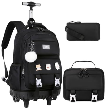 DIGOBAY Rolling Backpack for Girls, Roller Bag with Lunch Box Pencil case | Kawaii Girls Roller Backpack With Wheels School Bookbag With Cute Pins for Elementary Middle School, Black - color: Black