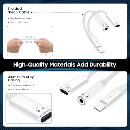 One-to-Two USB-C to 3.5mm Headphone/USB-C Charger Adapter with PD100W Fast Charging Cable, Compatible with iPhone 16/15 Pro Max, iPad, MacBook, Samsung Galaxy S25, S24, S23, Pixel Ultra, etc. (White) - color: white
