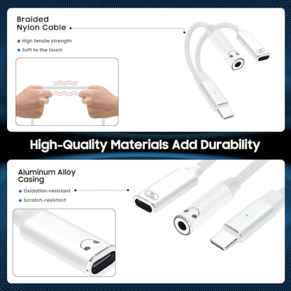 One-to-Two USB-C to 3.5mm Headphone/USB-C Charger Adapter with PD100W Fast Charging Cable, Compatible with iPhone 16/15 Pro Max, iPad, MacBook, Samsung Galaxy S25, S24, S23, Pixel Ultra, etc. (White) - color: white