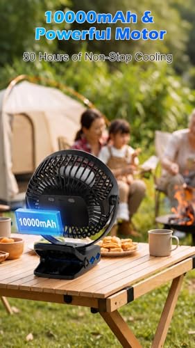 Meudeen 10000mAh Rechargeable Clip on Fan - 6 Inch Portable Fan - with Timer & LED Lantern - Battery Powered Golf Cart Fan - 5 Speeds Quiet Small Desk Fan for Camping - Stroller - Bedroom - color: Deep Black