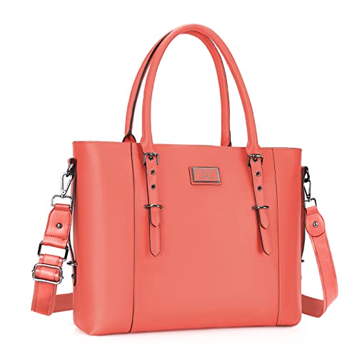 MOSISO Laptop Bag for Women, 17.3 inch Waterproof Vintage PU Leather Briefcase Shoulder Computer Laptop Tote Bag for Office Work, Living Coral - color: Living Coral, size: 17.3 inch