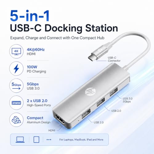 HP USB C Docking Station 5-in-1 Multi-Port USB C Hub,100W Power Delivery | Dual Monitor Support, 5Gbps Data Transfer, Aluminum Heat Dissipation,Portable,for Laptops, MacBook, iPad,and More,Silver