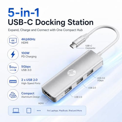 HP USB C Docking Station 5-in-1 Multi-Port USB C Hub,100W Power Delivery | Dual Monitor Support, 5Gbps Data Transfer, Aluminum Heat Dissipation,Portable,for Laptops, MacBook, iPad,and More,Silver