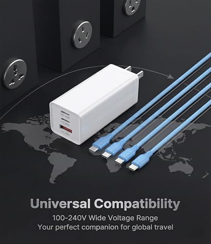 65W USB C Laptop Charger, 3-Port PD Wall Charger Block with 3 Cables (2x1.2m+1x0.6m), Foldable Travel Adapter for Phone, Tablet, Compatible with MacBook - Blue
