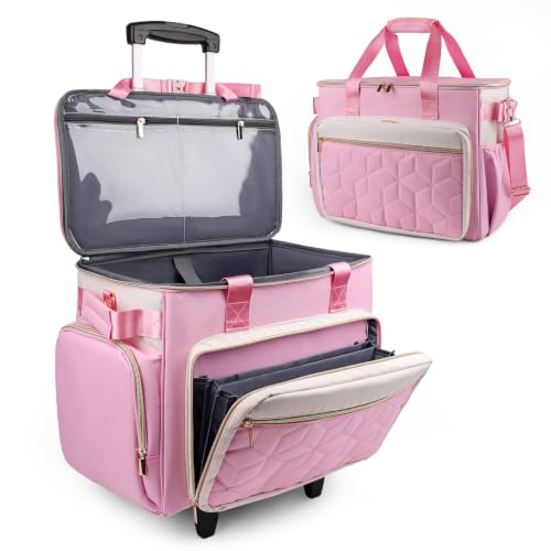 Rolling Teacher Bag, Fits 15.6" Laptop, With Cart,off-white pink | 4 Ways To Carry, 40L Large Cap, 1680 Oxford Puncture Resistant, Reinforced Design, Not Easy Collapse