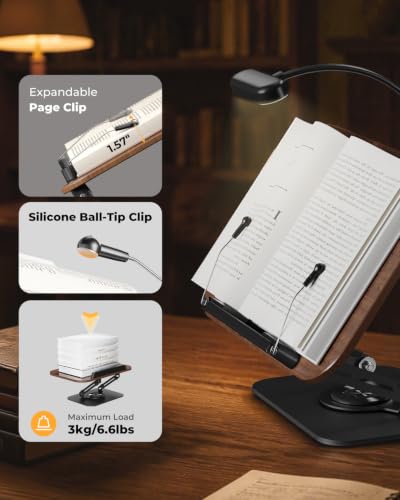 Book Stand for Reading, Adjustable Book Holder with 360° Rotating Bases, Multifunctional Display Stand for Recipe, Cookbooks, Magazines (Dark Wood with Light) - color: Dark Wood With Light