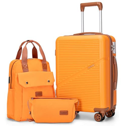 Cosbarn Carry On Luggage,3 Piece Suitcase Set,22x14x9 Airline Approved | Lightweight ABS Hardside Luggage, TSA-Approved Lock,Suitcases with 360° Spinner Wheels,20Inch,Matching Backpack,For Men&Women - color: Orange, style: Carry on Luggage With Backpack