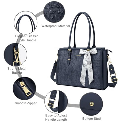 MOSISO Laptop Bag for Women, 17-17.3 inch PU Leather Tote Bag | Compatible with MacBook, HP,Dell, Front Embossed Retro Hibiscus Computer Bags with Silk Scarf&Clutch Purse, Haze Blue - color: Haze Blue, size: 17.3 inch