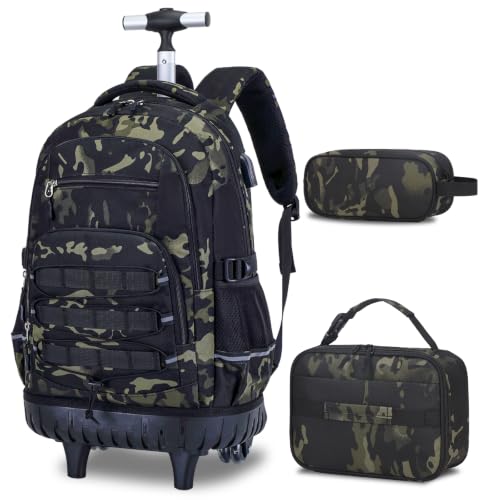 ACESAK Camo Rolling Backpack Boys, Tactical Kids Backpack Boys, Kids Suitcase for Boy Teens Elementary Middle High School, Military Backpack with Wheels and Lunch Bag Pencil Case Set (Camo Black) - color: Camo Black