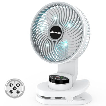 AMACOOL Battery Operated Camping Fan with Light, 20000mAh Rechargeable Clip on Fan with Hook & Digital Display, 112Hrs Running, 9 Speed, 360° Rotation Portable Small Fans for Tent Camping RV Travel - color: White