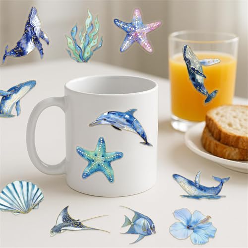 50PCS Cute Marine Life Gold-Embossed Waterproof Stickers for Water Bottle, Cool Marine Creatures Transparent Stickers Pack for Laptop, Scrapbook, Ocean Animal Blue Golden Decals Gift (Colourful-B7) - color: Colourful-b7