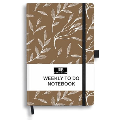 RICCO BELLO Undated Weekly Planner To Do Notebook, Brown Leaf, 5.7x8.4" | Hardcover, Pen Holder, Bookmark, Band Closure, Storage Pocket - color: Brown Leaf