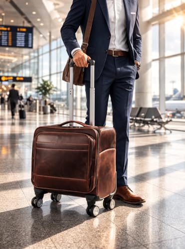 KomalC Leather Rolling Briefcase for Men – Wheeled Laptop Bag with 21” Trolley Handle, Premium Buffalo Leather Business Travel Case