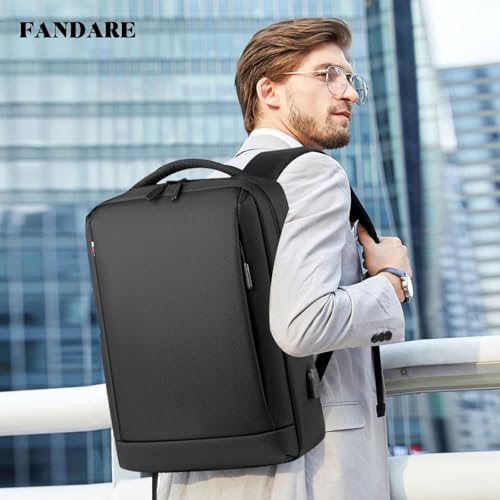 FANDARE 15.6 inch Business Laptop Rucksack Bag with USB Charging Port Mens Laptop Backpack Business Travel Rucksack Polyester Daypack with Luggage Strap Multi-Compartment for Work Commuter Black - color: Black