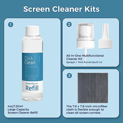 Click Clean Screen Cleaner Refill Kits - 1 Screen Cleane with 4 oz Cleaner Refill and 1 Microfiber Cloth(7.8 x 7.8in), 1 Mini Refill Funnel + 1 Sprayer, for All Phones, Laptop and Tablet Screens