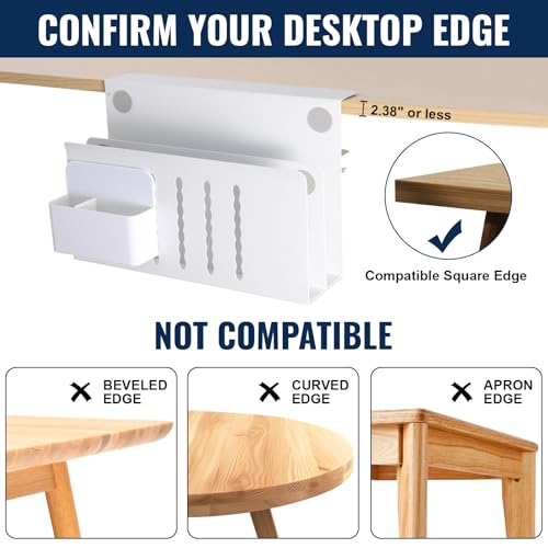 LUKETURE 2 Tier Desk Side Storage, No Drill Laptop Mount with Pen Holder | Fits Flat Edge Desks 0.3 to 2.8 Inches,Secure Grip on Wood, Glass, or Metal Surfaces Without Slipping - color: White(2 Tie)