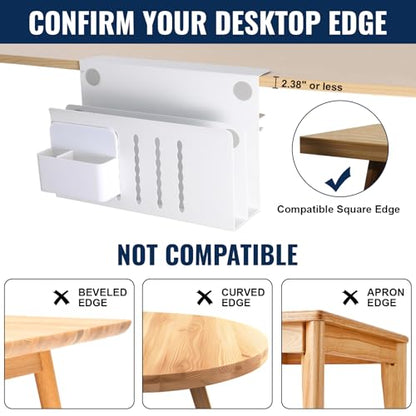 LUKETURE 2 Tier Desk Side Storage, No Drill Laptop Mount with Pen Holder | Fits Flat Edge Desks 0.3 to 2.8 Inches,Secure Grip on Wood, Glass, or Metal Surfaces Without Slipping - color: White(2 Tie)